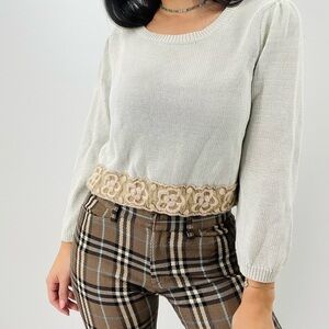 Knitted & Knotted Solid Gray Crop Crewneck 3/4 Sleeve Sweater Regular Size Large